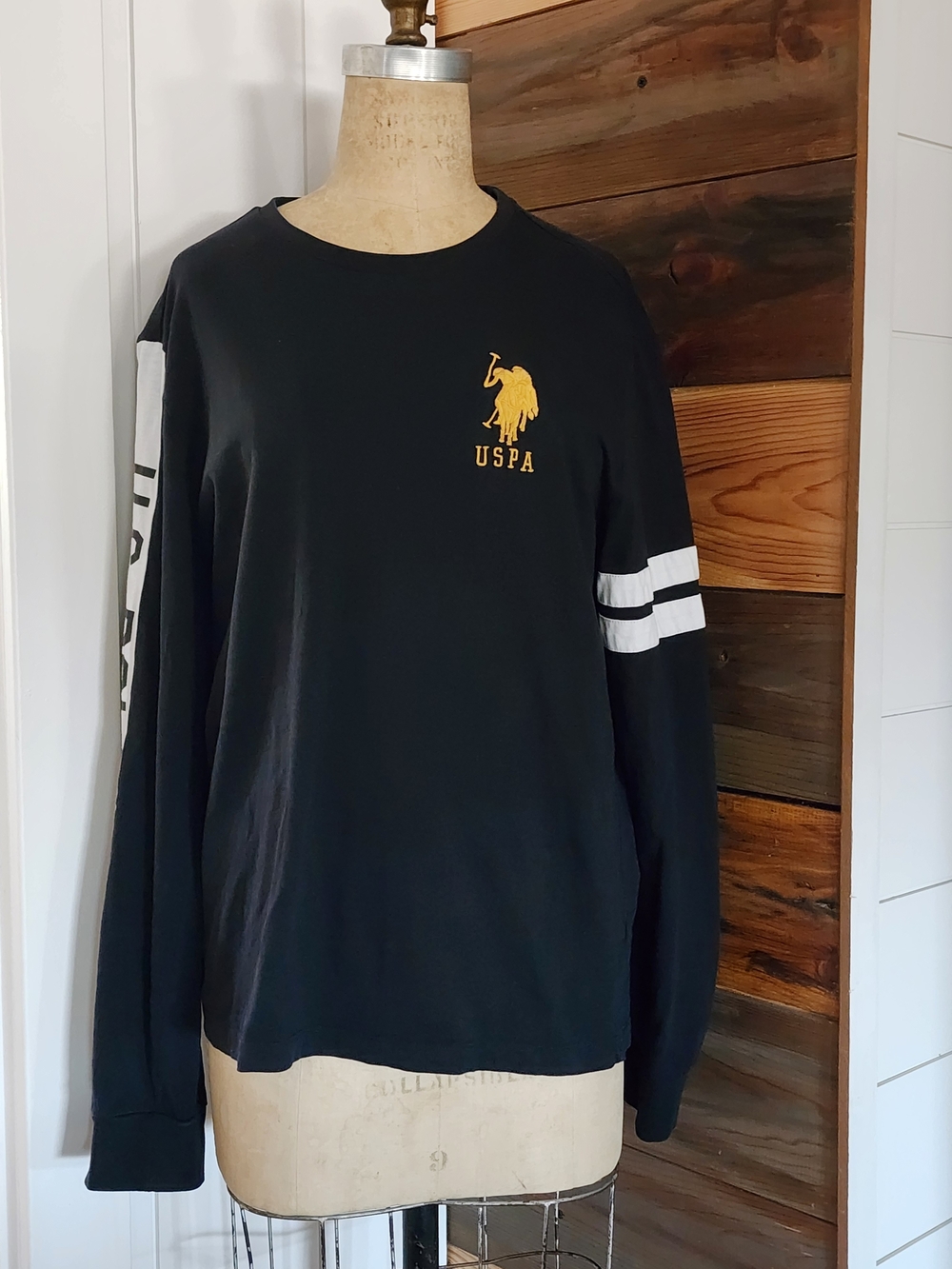 U.S. Polo Assn. Men’s Black Long-Sleeve Logo Shirt with White Sleeve Stripes